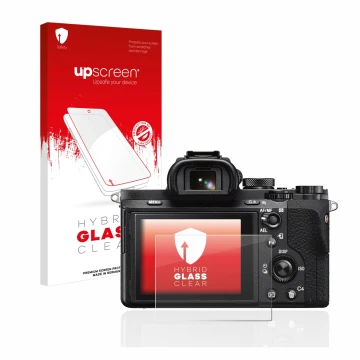 Face avant d’un emballage produit avec le logo de la marque upscreen. À côté, l’appareil Sony Alpha 7 II (ILCE-7M2) est représ