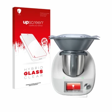 Face avant d’un emballage produit avec le logo de la marque upscreen. À côté, l’appareil Vorwerk Thermomix TM5 est représenté 