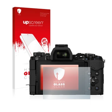 Face avant d’un emballage produit avec le logo de la marque upscreen. À côté, l’appareil Olympus OM-D E-M5 Mark II est représe