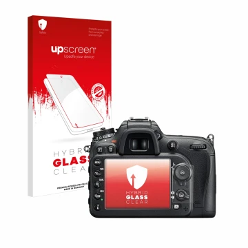 Face avant d’un emballage produit avec le logo de la marque upscreen. À côté, l’appareil Nikon D7200 est représenté avec la pr