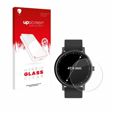 Face avant d’un emballage produit avec le logo de la marque upscreen. À côté, l’appareil Montres (Circulaire, ø: 47 mm) est re