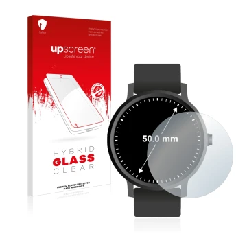 Face avant d’un emballage produit avec le logo de la marque upscreen. À côté, l’appareil Montres (Circulaire, ø: 50 mm) est re