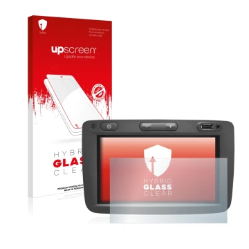 Face avant d’un emballage produit avec le logo de la marque upscreen. À côté, l’appareil Dacia Media Nav est représenté avec l