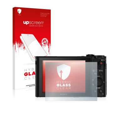 Face avant d’un emballage produit avec le logo de la marque upscreen. À côté, l’appareil Sony Cyber-Shot DSC-HX90V est représe