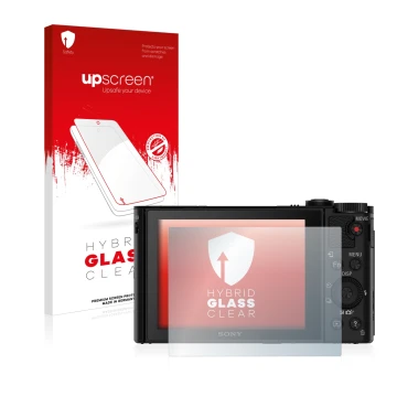 Face avant d’un emballage produit avec le logo de la marque upscreen. À côté, l’appareil Sony Cyber-Shot DSC-WX500 est représe