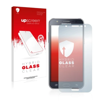 Face avant d’un emballage produit avec le logo de la marque upscreen. À côté, l’appareil Samsung Galaxy J5 2015 est représenté