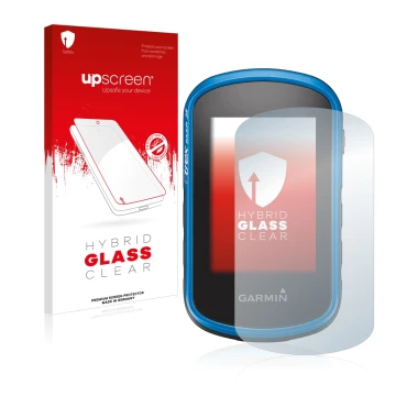 Face avant d’un emballage produit avec le logo de la marque upscreen. À côté, l’appareil Garmin eTrex Touch 25 est représenté 