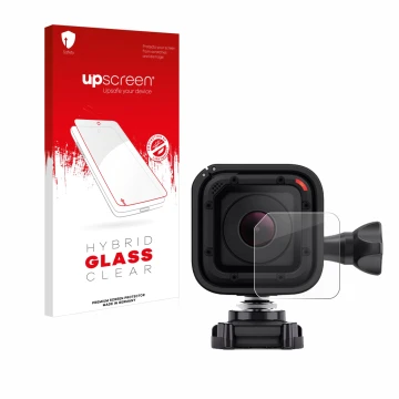 Face avant d’un emballage produit avec le logo de la marque upscreen. À côté, l’appareil GoPro Hero 4 Session Lentille (Caisse