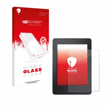 Face avant d’un emballage produit avec le logo de la marque upscreen. À côté, l’appareil Amazon Kindle Paperwhite 2015 (7ème G
