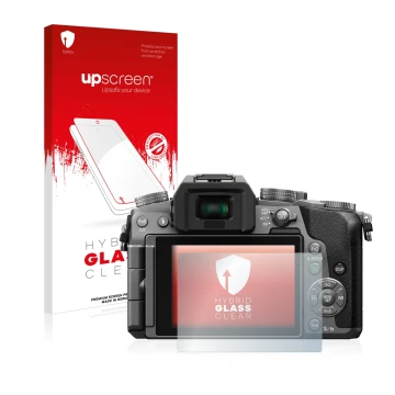 Face avant d’un emballage produit avec le logo de la marque upscreen. À côté, l’appareil Panasonic Lumix DMC-G7 est représenté