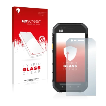 Face avant d’un emballage produit avec le logo de la marque upscreen. À côté, l’appareil Caterpillar Cat S30 est représenté av