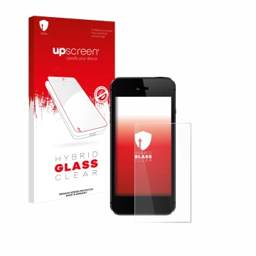 Face avant d’un emballage produit avec le logo de la marque upscreen. À côté, l’appareil est représenté avec la protection d’é