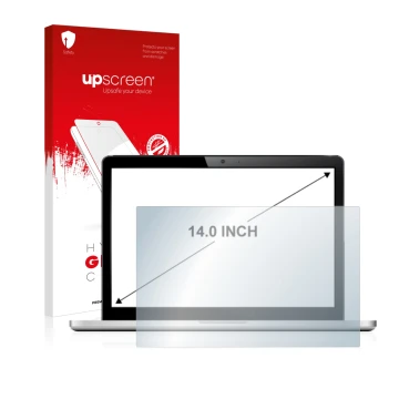 Face avant d’un emballage produit avec le logo de la marque upscreen. À côté, l’appareil est représenté avec la protection d’é