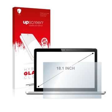 Face avant d’un emballage produit avec le logo de la marque upscreen. À côté, l’appareil est représenté avec la protection d’é