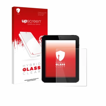 Face avant d’un emballage produit avec le logo de la marque upscreen. À côté, l’appareil est représenté avec la protection d’é