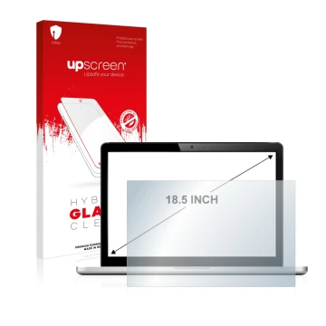 Face avant d’un emballage produit avec le logo de la marque upscreen. À côté, l’appareil est représenté avec la protection d’é