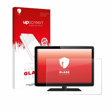 Face avant d’un emballage produit avec le logo de la marque upscreen. À côté, l’appareil est représenté avec la protection d’é