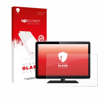 Face avant d’un emballage produit avec le logo de la marque upscreen. À côté, l’appareil est représenté avec la protection d’é