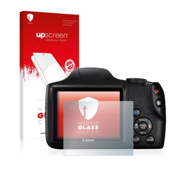 Face avant d’un emballage produit avec le logo de la marque upscreen. À côté, l’appareil Canon PowerShot SX540 HS est représen