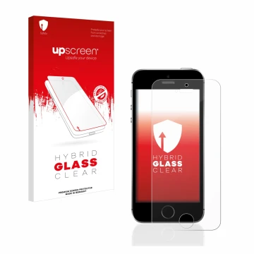 Face avant d’un emballage produit avec le logo de la marque upscreen. À côté, l’appareil Apple iPhone SE 2016 est représenté a