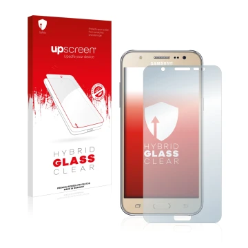 Face avant d’un emballage produit avec le logo de la marque upscreen. À côté, l’appareil Samsung Galaxy J7 2016 est représenté