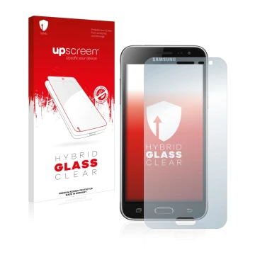 Face avant d’un emballage produit avec le logo de la marque upscreen. À côté, l’appareil Samsung Galaxy J3 Duos 2016 est repré