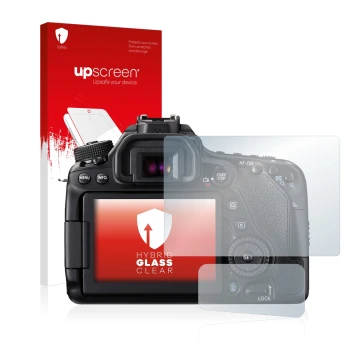 Face avant d’un emballage produit avec le logo de la marque upscreen. À côté, l’appareil Canon EOS 80D est représenté avec la 