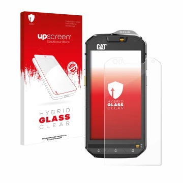 Face avant d’un emballage produit avec le logo de la marque upscreen. À côté, l’appareil Caterpillar Cat S60 est représenté av