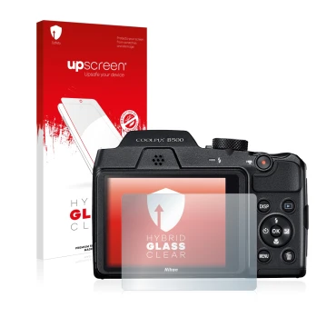 Face avant d’un emballage produit avec le logo de la marque upscreen. À côté, l’appareil Nikon Coolpix B500 est représenté ave