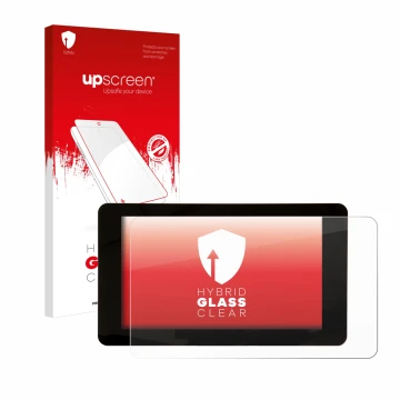 Face avant d’un emballage produit avec le logo de la marque upscreen. À côté, l’appareil Raspberry Pi Touchscreen 7