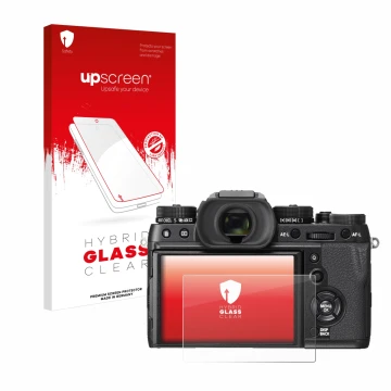 Face avant d’un emballage produit avec le logo de la marque upscreen. À côté, l’appareil Fujifilm X-T2 est représenté avec la 