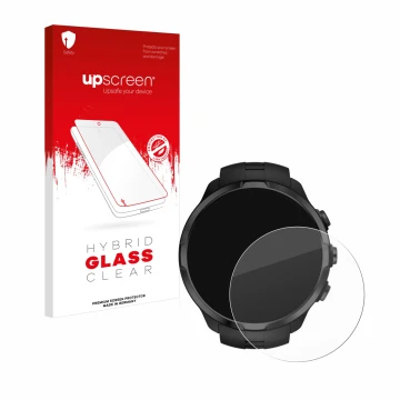 Face avant d’un emballage produit avec le logo de la marque upscreen. À côté, l’appareil Suunto Spartan Sport Wrist HR est rep