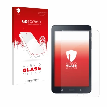 Face avant d’un emballage produit avec le logo de la marque upscreen. À côté, l’appareil Samsung Galaxy Tab A6 7.0 est représe