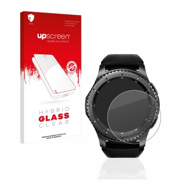 Face avant d’un emballage produit avec le logo de la marque upscreen. À côté, l’appareil Samsung Gear S3 Frontier est représen