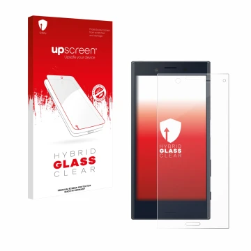 Face avant d’un emballage produit avec le logo de la marque upscreen. À côté, l’appareil Sony Xperia X Compact est représenté 