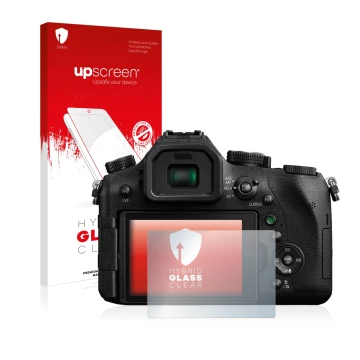 Face avant d’un emballage produit avec le logo de la marque upscreen. À côté, l’appareil Panasonic Lumix DMC-FZ2000 est représ
