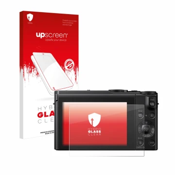 Face avant d’un emballage produit avec le logo de la marque upscreen. À côté, l’appareil Panasonic Lumix DMC-LX15 est représen