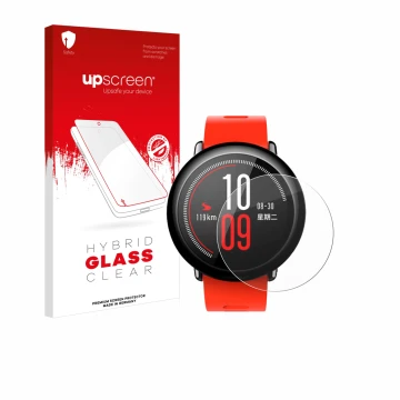 Face avant d’un emballage produit avec le logo de la marque upscreen. À côté, l’appareil Huami Amazfit Pace est représenté ave