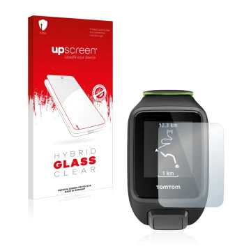 Face avant d’un emballage produit avec le logo de la marque upscreen. À côté, l’appareil TomTom Runner 3 est représenté avec l