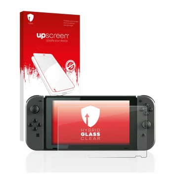 Face avant d’un emballage produit avec le logo de la marque upscreen. À côté, l’appareil Nintendo Switch est représenté avec l