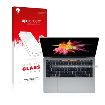 Face avant d’un emballage produit avec le logo de la marque upscreen. À côté, l’appareil Apple MacBook Pro 13
