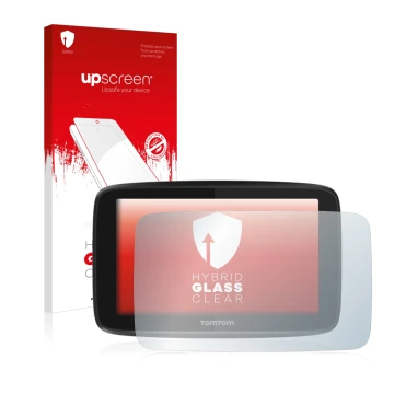 Face avant d’un emballage produit avec le logo de la marque upscreen. À côté, l’appareil TomTom GO 5200 est représenté avec la