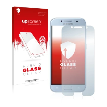 Face avant d’un emballage produit avec le logo de la marque upscreen. À côté, l’appareil Samsung Galaxy A5 2017 est représenté