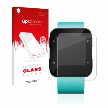 Face avant d’un emballage produit avec le logo de la marque upscreen. À côté, l’appareil Garmin Forerunner 35 est représenté a