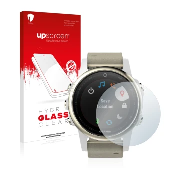 Face avant d’un emballage produit avec le logo de la marque upscreen. À côté, l’appareil Garmin Fenix 5S (42 mm) est représent