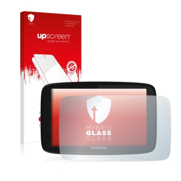 Face avant d’un emballage produit avec le logo de la marque upscreen. À côté, l’appareil TomTom GO 520 est représenté avec la 