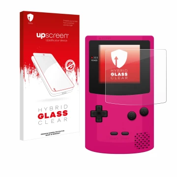 Face avant d’un emballage produit avec le logo de la marque upscreen. À côté, l’appareil Nintendo Gameboy Color est représenté