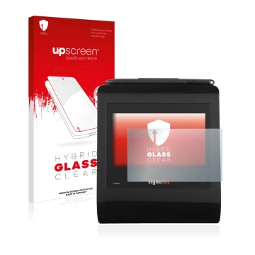 Face avant d’un emballage produit avec le logo de la marque upscreen. À côté, l’appareil Signotec Signature Pad Gamma est repr
