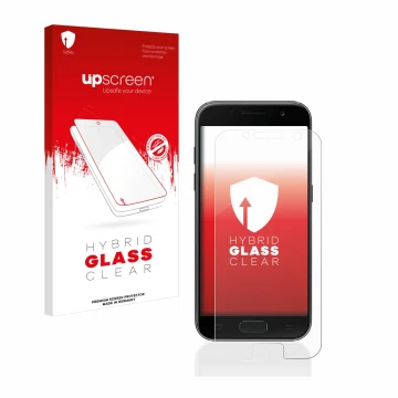 Face avant d’un emballage produit avec le logo de la marque upscreen. À côté, l’appareil Samsung Galaxy A3 2017 est représenté