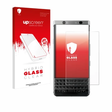 Face avant d’un emballage produit avec le logo de la marque upscreen. À côté, l’appareil BlackBerry Keyone est représenté avec